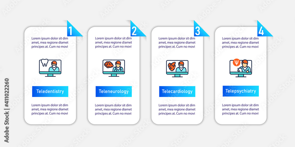 Telehealth vector infographic. Video meetings with doctors. Telemedicine, health care. Online medical template presentations,workflow layout, info chart,banner. Design elements with icons and 4 steps