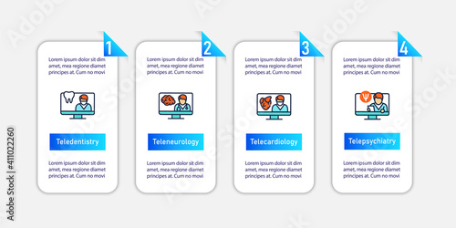 Telehealth vector infographic. Video meetings with doctors. Telemedicine, health care. Online medical template presentations,workflow layout, info chart,banner. Design elements with icons and 4 steps