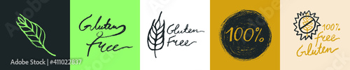 Healthy food label set, organic food packaging, healthy eating banner. Gluten free icon vector, hand-drawn lettering gluten-free logo, handwritten text vegan gluten badge. Rye image and cereal symbol