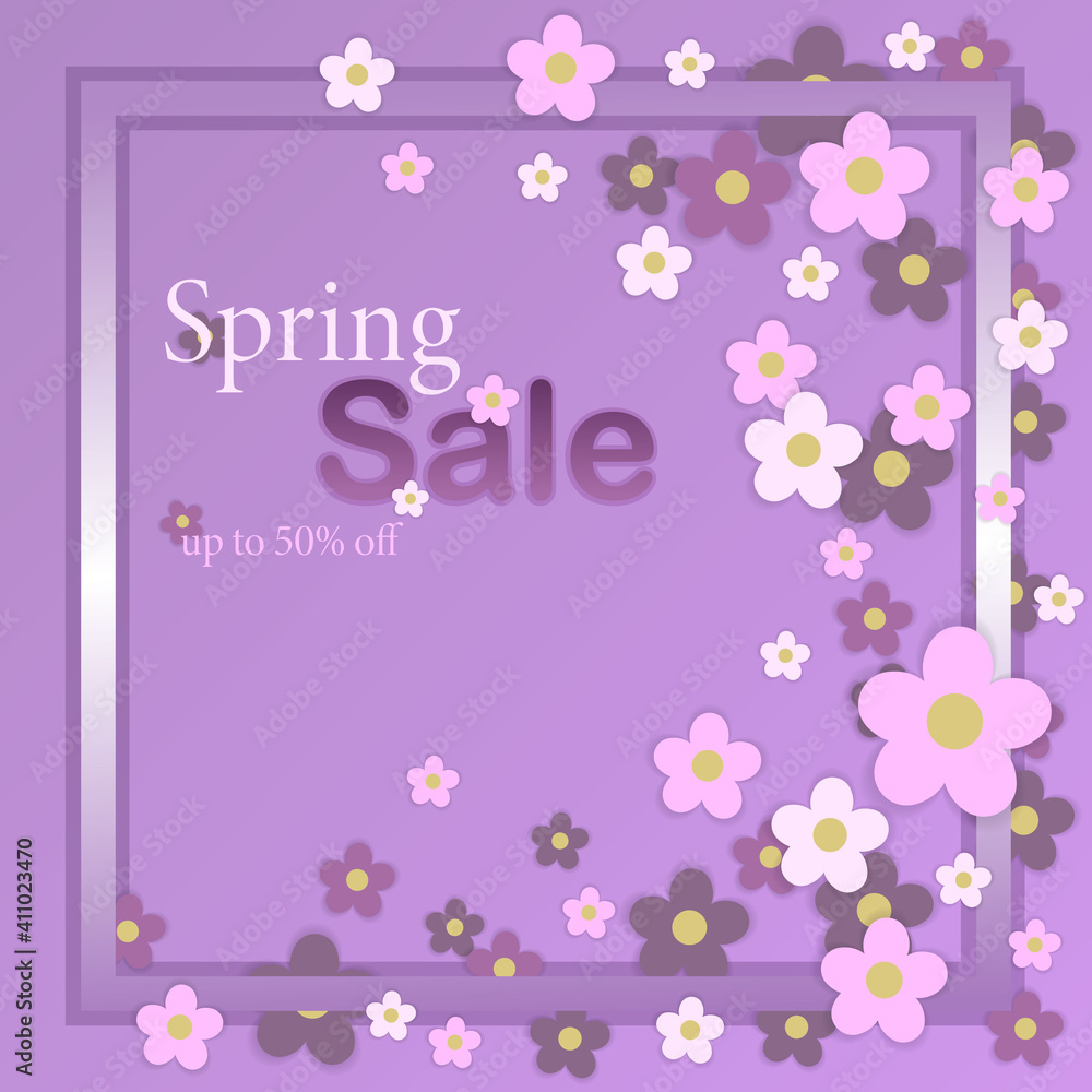 Spring discounts, signature on a purple background. Spring small flowers, cherry flowers. Discounts up to 50 percent. illustration