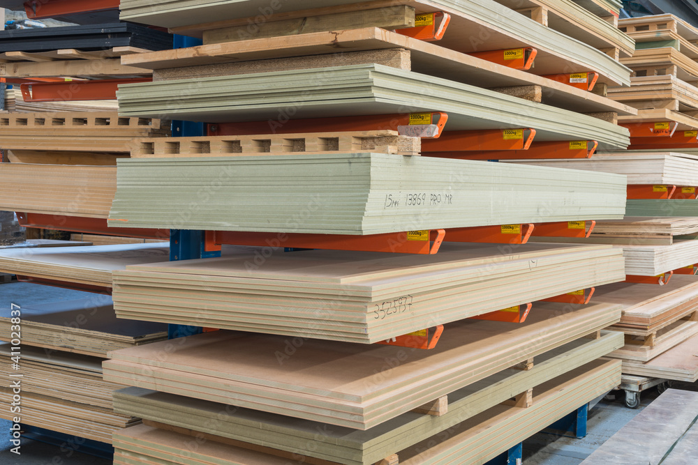 Construction sheet materials stored on cantilever rack in joinery workshop. Construction sheet materials stored on cantilever rack in joinery workshop.