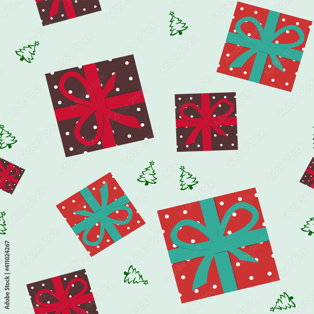 Gifts on a light green background. New Year, Christmas. Seamless pattern.