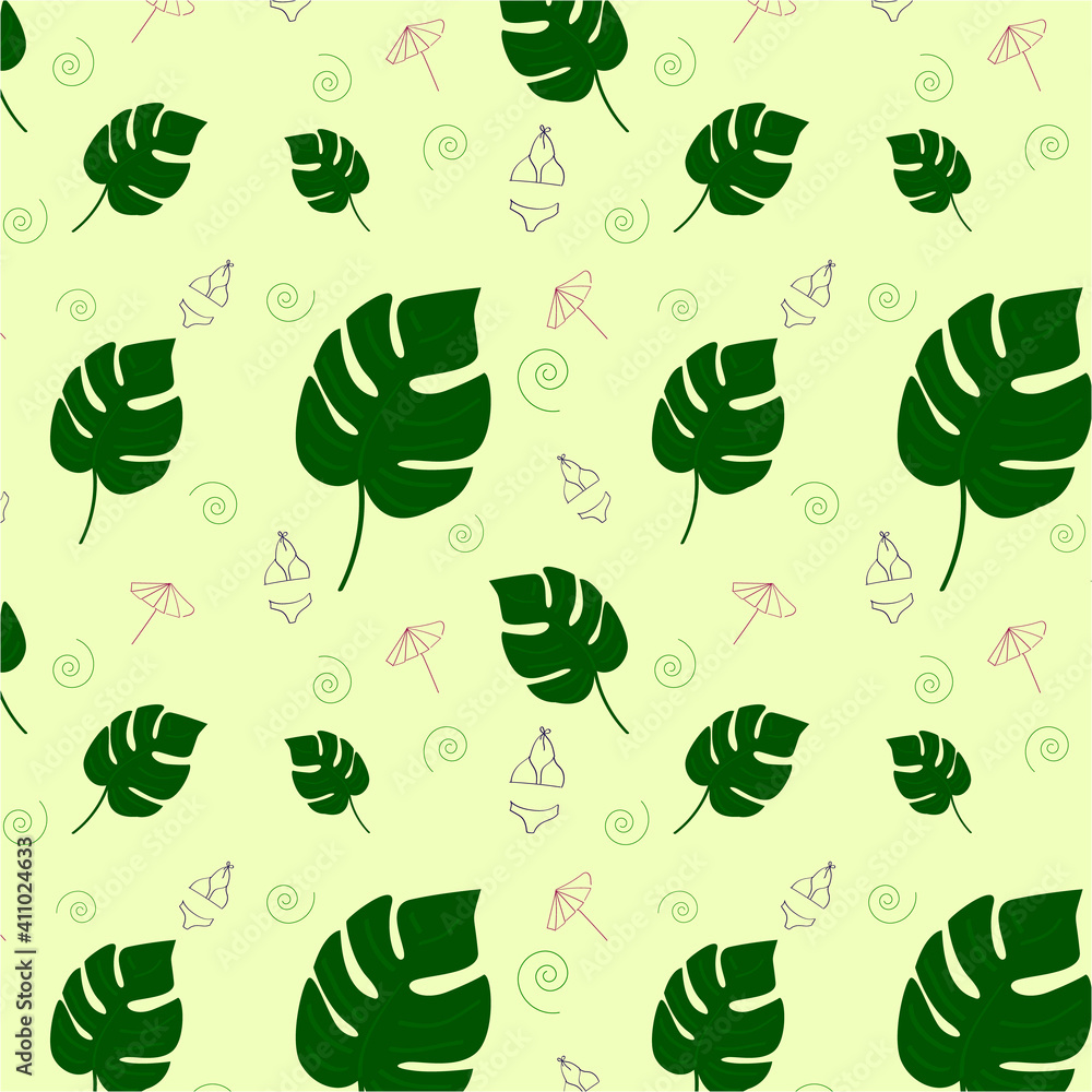 Monstera leaves pattern. Beach accessories. Yellow background, summer texture. Monstera leaves pattern. Beach accessories. Yellow background, summer texture.
