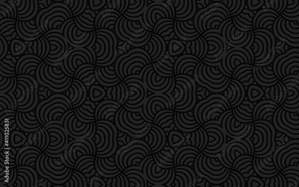 Complex volumetric convex pattern 3d Ethnic geometric embossed black background in doodling style for wallpaper, presentations.