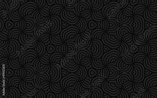 Complex volumetric convex pattern 3d Ethnic geometric embossed black background in doodling style for wallpaper, presentations.