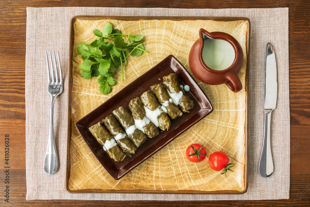 Delicious dolma stuffed grape leaves and rice, white yogurt sauce.