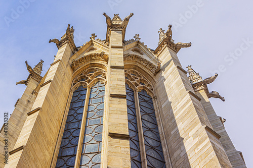 Architectural fragments of Gothic style Holy Chapel (Sainte-Chapelle, 1248) - old royal chapel in Paris, France. photo