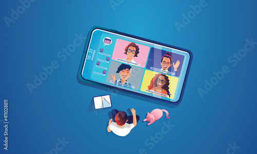 Businessman use Video conference landing Working People on window screen taking with colleagues. Videoconferencing and online meeting , man and woman online learning Vector illustration, Flat design