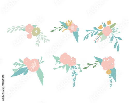 結婚式のボードやメッセージカードのワンポイントに使える装飾花束　Vector floral set with leaves and flowers.