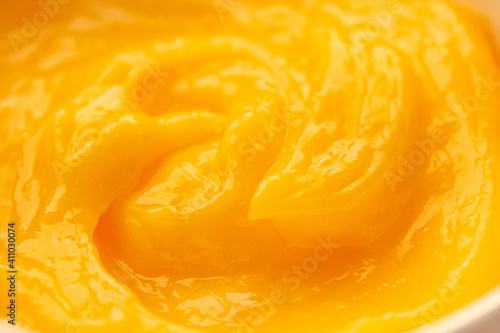 Close up delicious lemon curd pudding. Horizontal  background