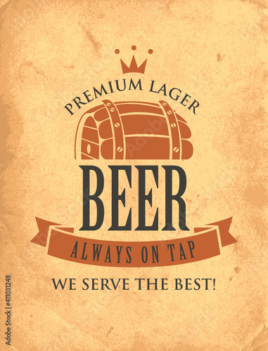 Vector banner on the theme of draught beer. Illustration with a big wooden beer barrel, ribbon and inscriptions in retro style on an old paper background