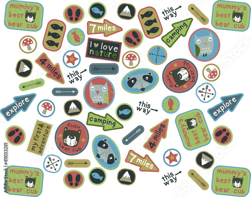 Seamless pattern with nature and camping themes for babies. Scandinavian style baby bedding set, throw pillow, baby clothes, wallpaper, background, you can use it in your gift wrapping designs.