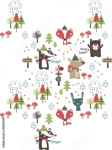 Seamless pattern with nature and camping themes for babies. Scandinavian style baby bedding set  throw pillow  baby clothes  wallpaper  background  you can use it in your gift wrapping designs.