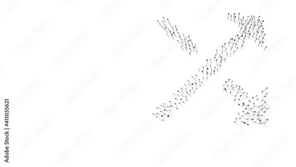 3d rendering of nails in shape of symbol of diagonal arrows with shadows isolated on white background 3d rendering of nails in shape of symbol of diagonal arrows with shadows isolated on white background