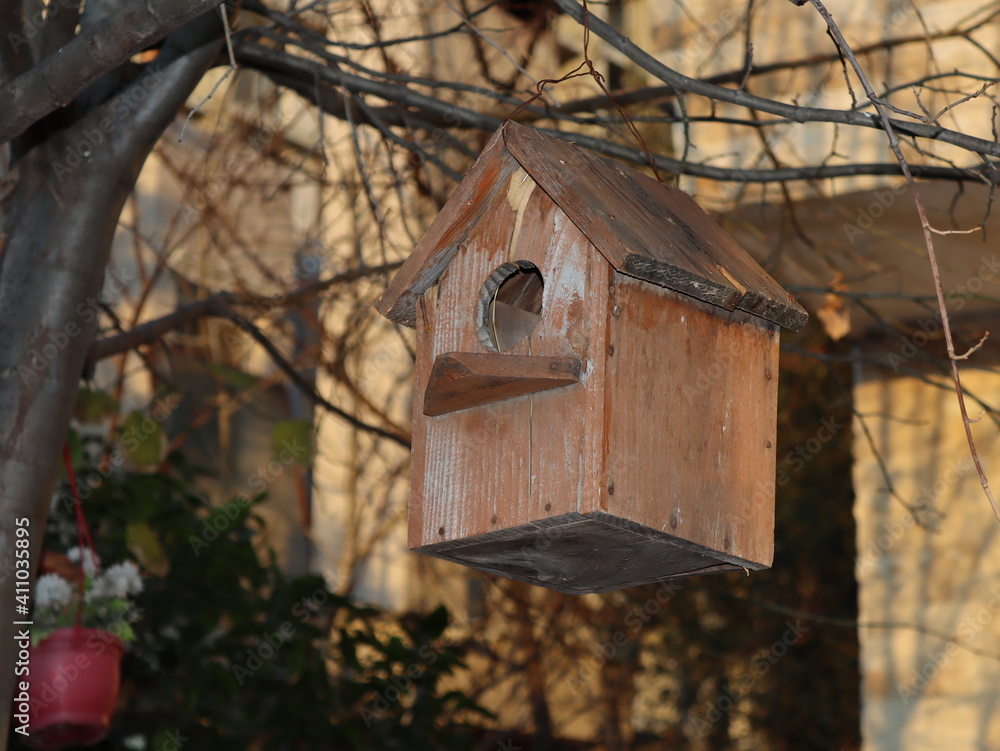 birdhouse made of wood hanging above the tree