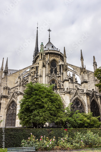 Fragment of Cathedral of Notre Dame de Paris ("Our Lady of Paris", 1163 - 1345) - famous Gothic, Roman Catholic cathedral. France.