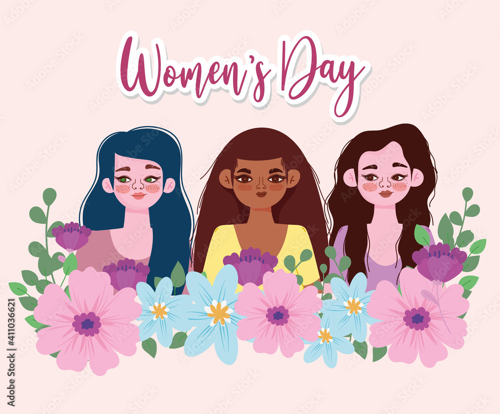Womens Day girls with flowers nature decoration card Womens Day girls with flowers nature decoration card