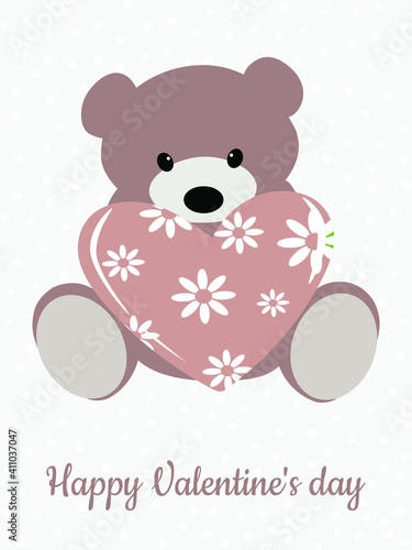 Cute bear and heart with spring flower pattern. Valentine's card in pastel colors. Template for fashion prints on cups, pillows, textiles, clothes, T-shirts. Vector graphics. © Sagittarius_13