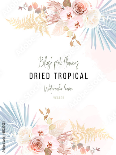 Trendy dried palm leaves, blush pink and ivory rose, pale protea, white orchid, gold fern