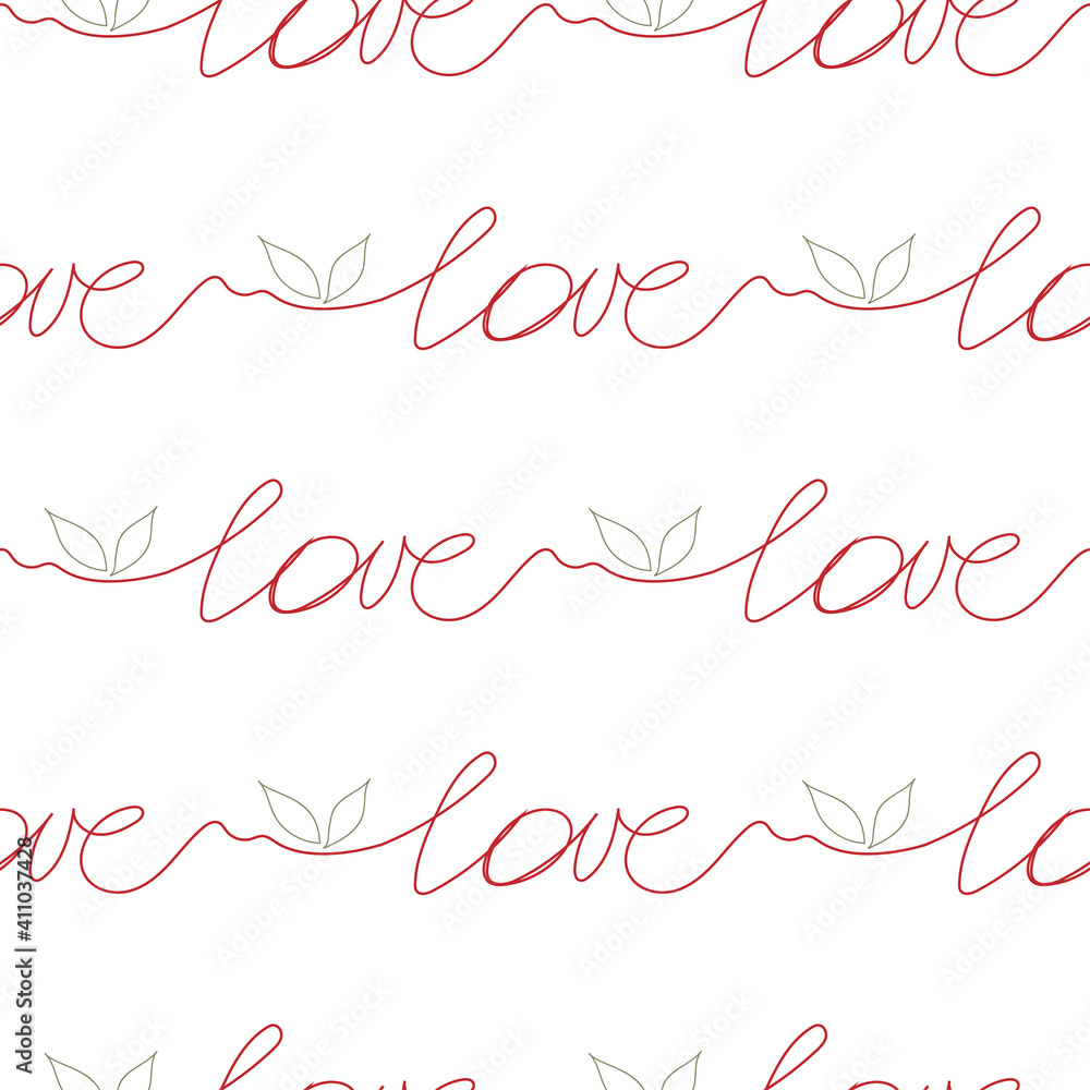 The word love is red with two leaves at the end of a single line on a white background. Manual writing. Hand drawing. Seamless pattern. Vector illustration. The word love is red with two leaves at the end of a single line on a white background. Manual writing. Hand drawing. Seamless pattern. Vector illustration.