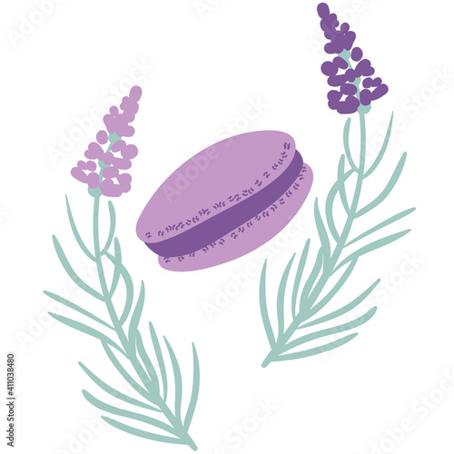 Simple lavender flowers and purple macaron vector illustration. Placement print for embellishing cafe menus, home decor, stationery, and packaging.
