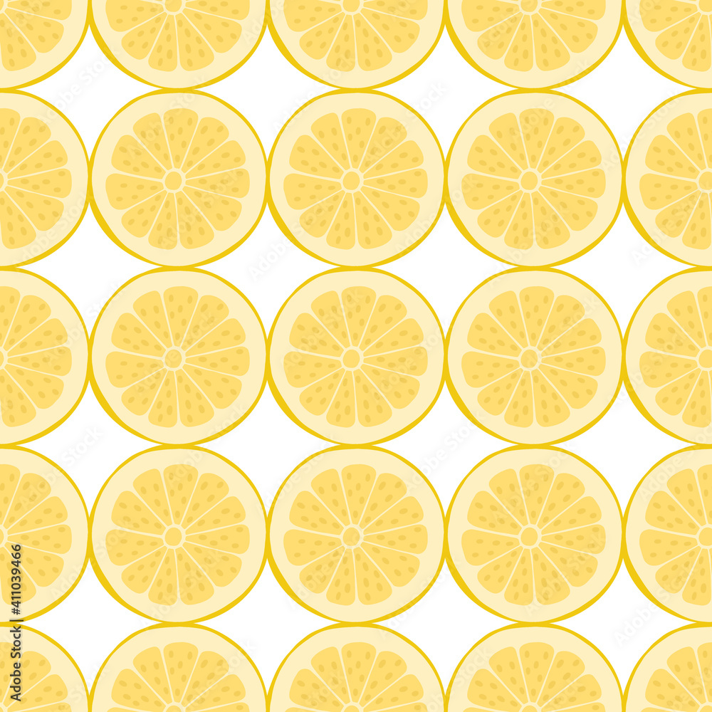 Seamless pattern with lemon slices. Citrus fruit. Healthy natural food, vitamins. Organic, eco. Drawn by hands. It can be used for printing on textiles, wallpapers.