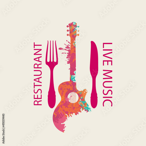 Vector menu or banner for restaurant with live music decorated with fork, knife and abstract guitar with bright paint spots on a light background