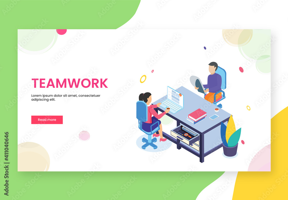 Teamwork Concept Based Landing Page with Isometric Illustration of ...