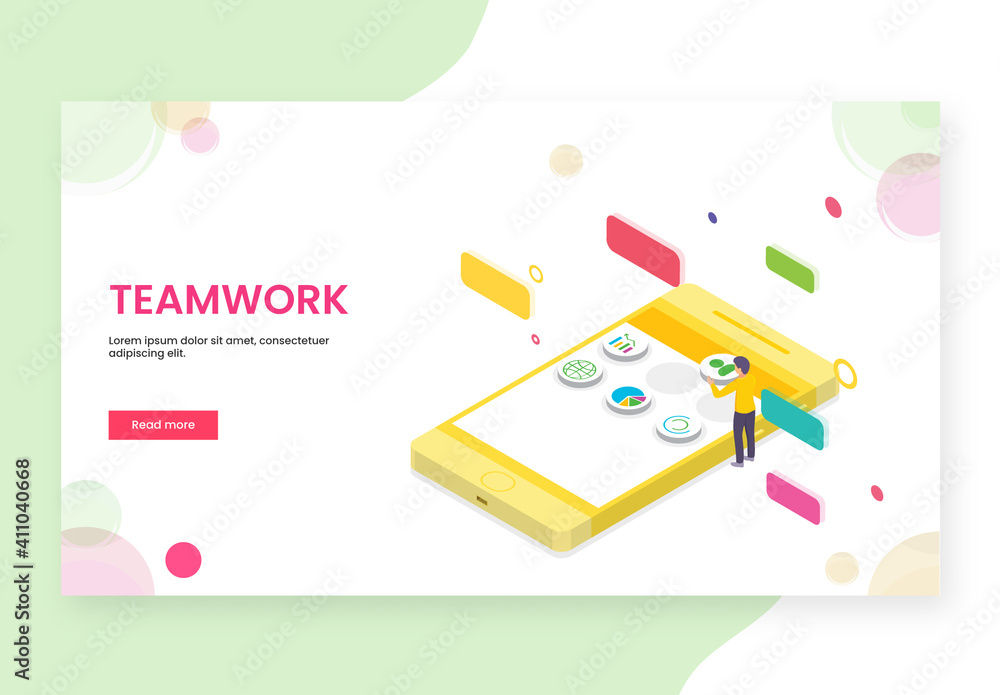 Teamwork Concept Based Landing Page with Isometric Illustration of ...