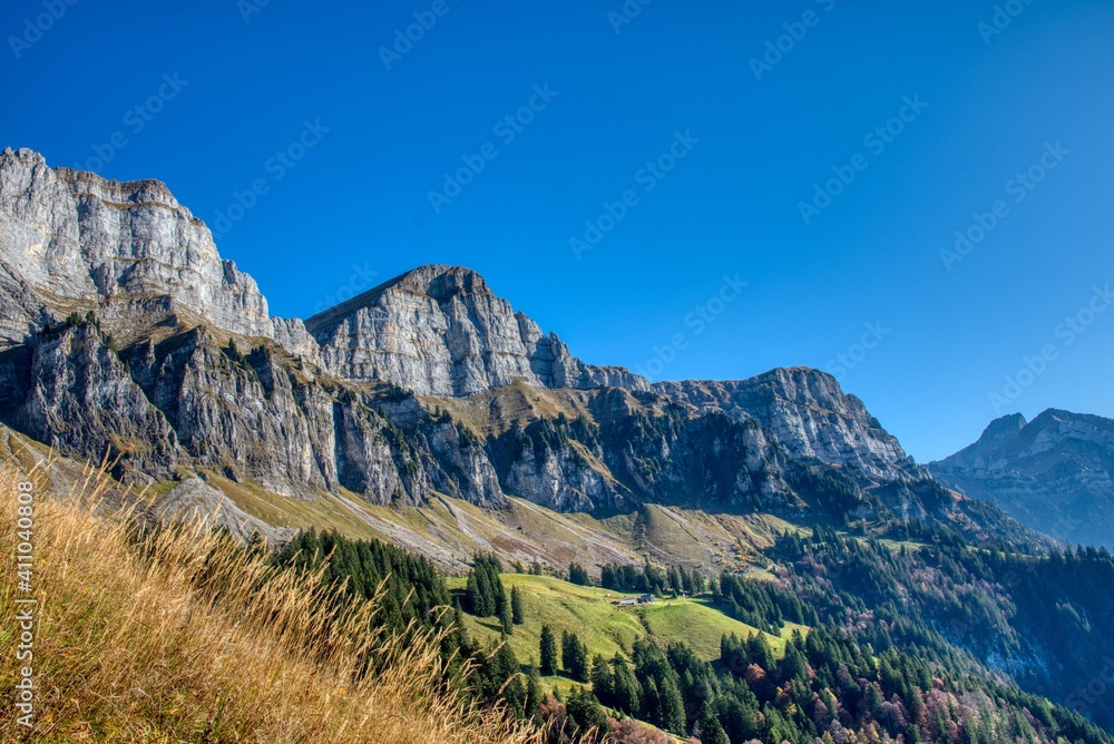 Swiss Alps mountain range, Churfirsten, Chaeserrugg, Hinterrrug, Schiebenstoll in Switzerland. Hiking to the Churfirsten