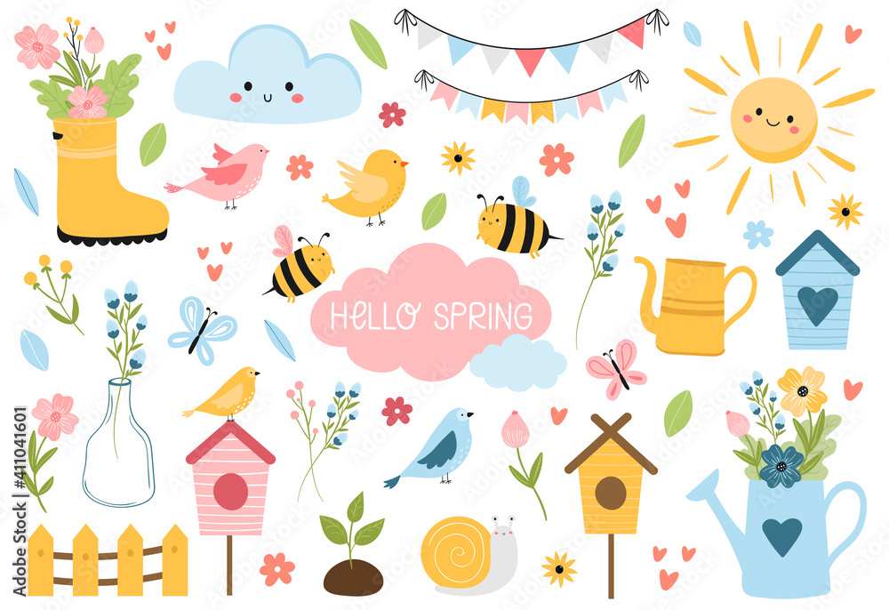 Hello Spring set with lettering, birds, bees, flowers, birdhouses, sun, and other. Hand drawn, cartoon style vector illustration isolated on white. For kids cards,web, poster, invitation, sticker kit.