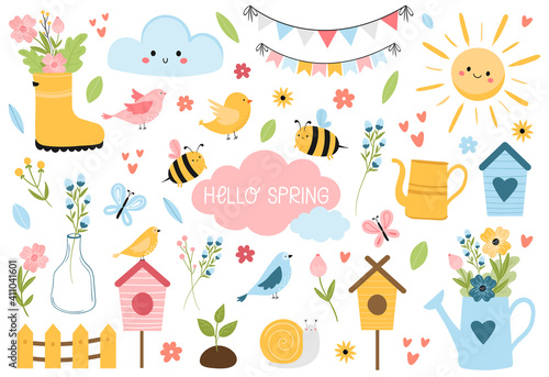 Papier peint Hello Spring set with lettering, birds, bees, flowers, birdhouses, sun, and other