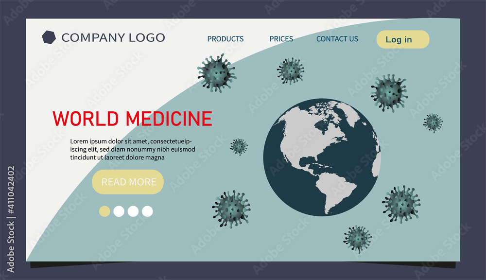 A landing page with a globe and coronavirus elements around. An illustration for medical, scientific projects, journals, blogs, websites. 