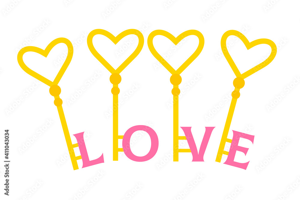 Flat keys with the inscription LOVE. Separate elements of keys with letters. Stock vector illustration isolated on white background. Romantic illustration with text LOVE for date, anniversary, wedding Flat keys with the inscription LOVE. Separate elements of keys with letters. Stock vector illustration isolated on white background. Romantic illustration with text LOVE for date, anniversary, wedding