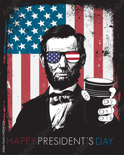 Presidents Day background Abraham Lincoln with flag glasses and beer cup  photo