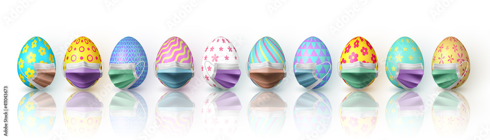 Happy Easter. Color Easter egg in medical face mask on white background. Vector illustration Happy Easter. Color Easter egg in medical face mask on white background. Vector illustration