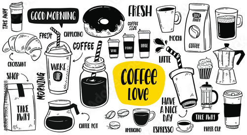 Hand Drawn Doodle Vector Set Of Coffee.