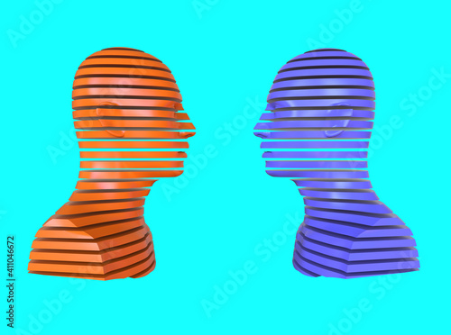 3D abstract illustration. Two people opposite each other. Minimal concept