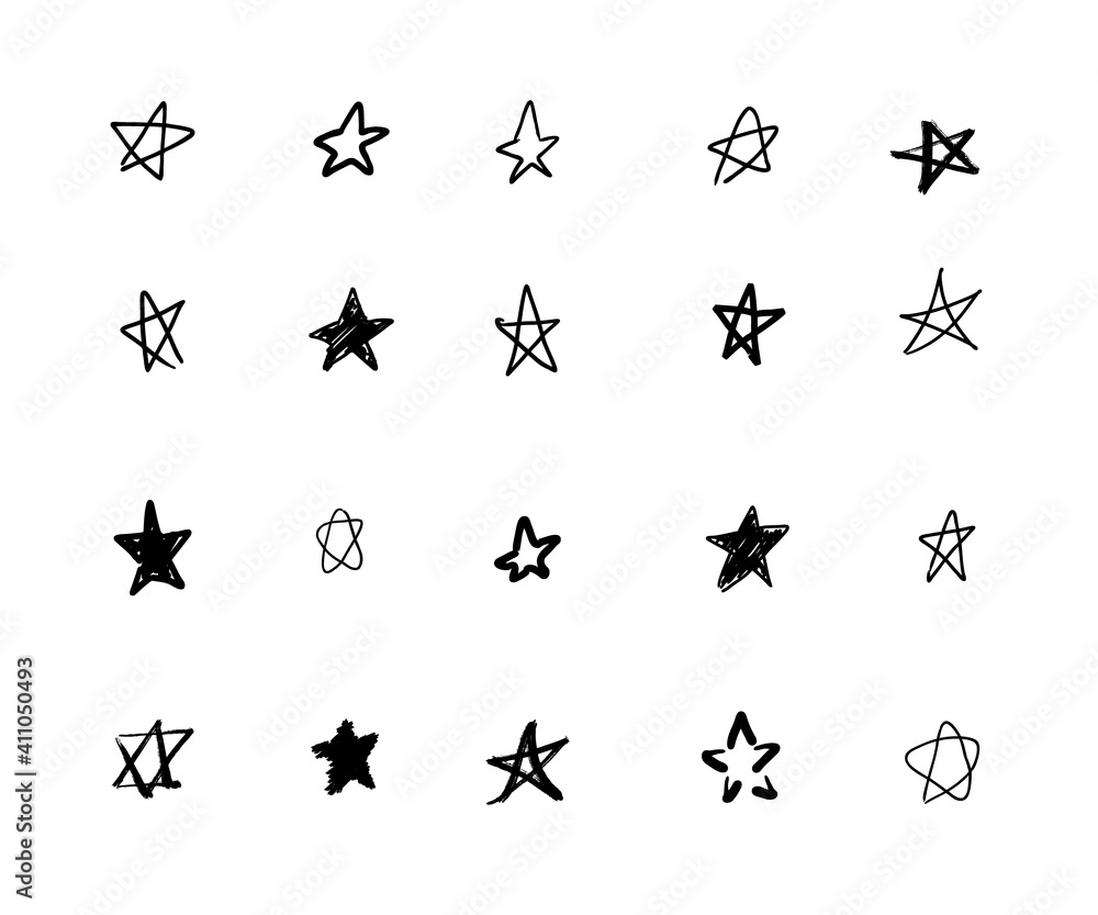 Fototapeta premium Star set of hand drawn paint object for design use. Black and white background. Abstract brush drawing. illustration grunge stars - Vector