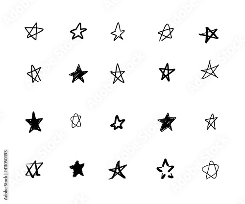 Star set of hand drawn paint object for design use. Black and white background. Abstract brush drawing. illustration grunge stars - Vector
