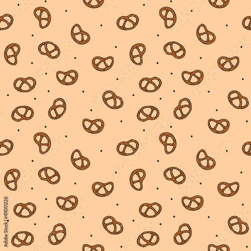 Illustration of a seamless pattern from pretzels. Poppy pretzels on a beige background. Simple doodle sketch style.