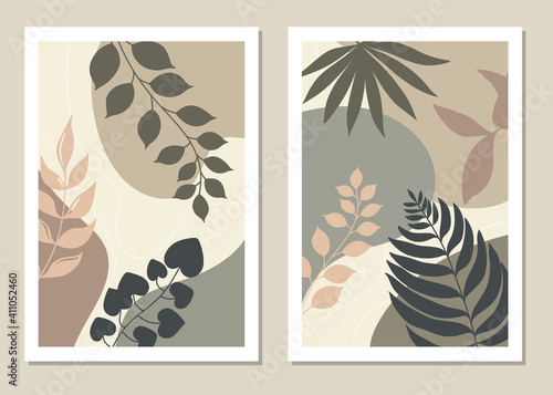 Botanical wall art vector set. Abstract pattern of flowers and branches for collages, posters, covers, ideal for wall decoration. Vector.