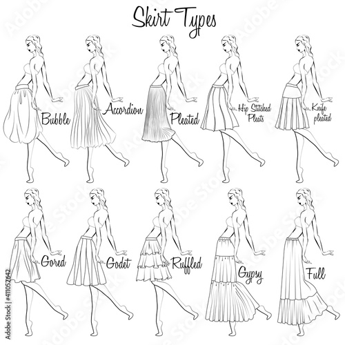 Skirt styles. A visual representation of styles of the skirts on the figure. Illustration of the design and variety of women's skirts. Hand-drawn models.