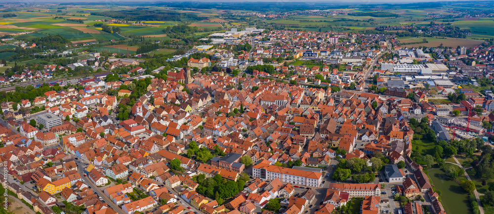 Aerial view of old town of the city Weissenburg in Germany, Bavaria on a spring noon.	