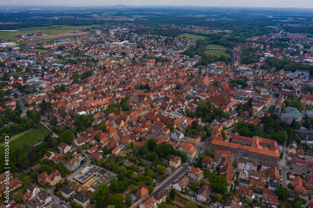 Aerial view of old town of the city Schwabach in Germany, Bavaria on a spring noon.	