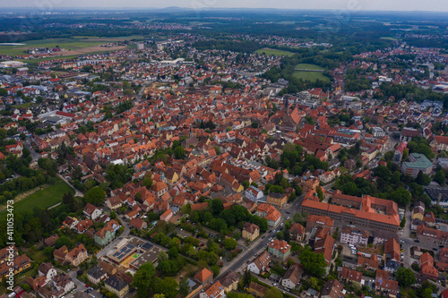 Aerial view of old town of the city Schwabach in Germany, Bavaria on a spring noon. 