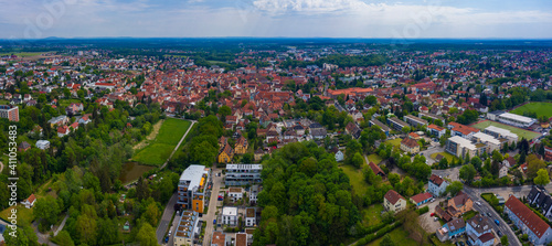 Aerial view of old town of the city Schwabach in Germany, Bavaria on a spring noon. 