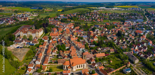 Aerial view of the village and monastery Ellingen in Germany, Bavaria on a sunny spring day 