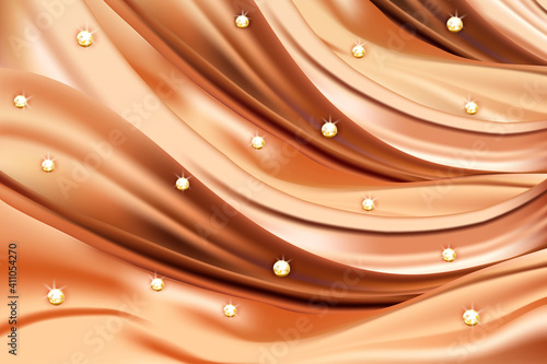 Abstract vector background, luxurious gold fabric or liquid wave or wavy folds of grunge silk texture 
with gold randomly scattered shiny beads or pearls, luxurious background or elegant wallpaper.