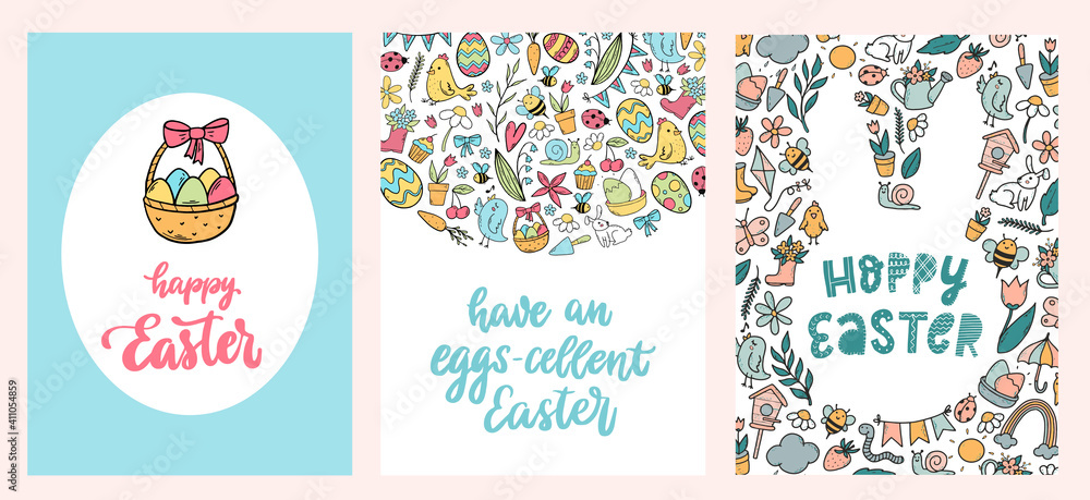 set of cute easter greeting cards, posters, prints decorated with hand drawn doodles and lettering quotes. set of cute easter greeting cards, posters, prints decorated with hand drawn doodles and lettering quotes.